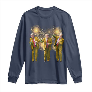 Funny Trump Dance Happy New Year 2025 Long Sleeve Shirt Fireworks TS11 Navy Print Your Wear