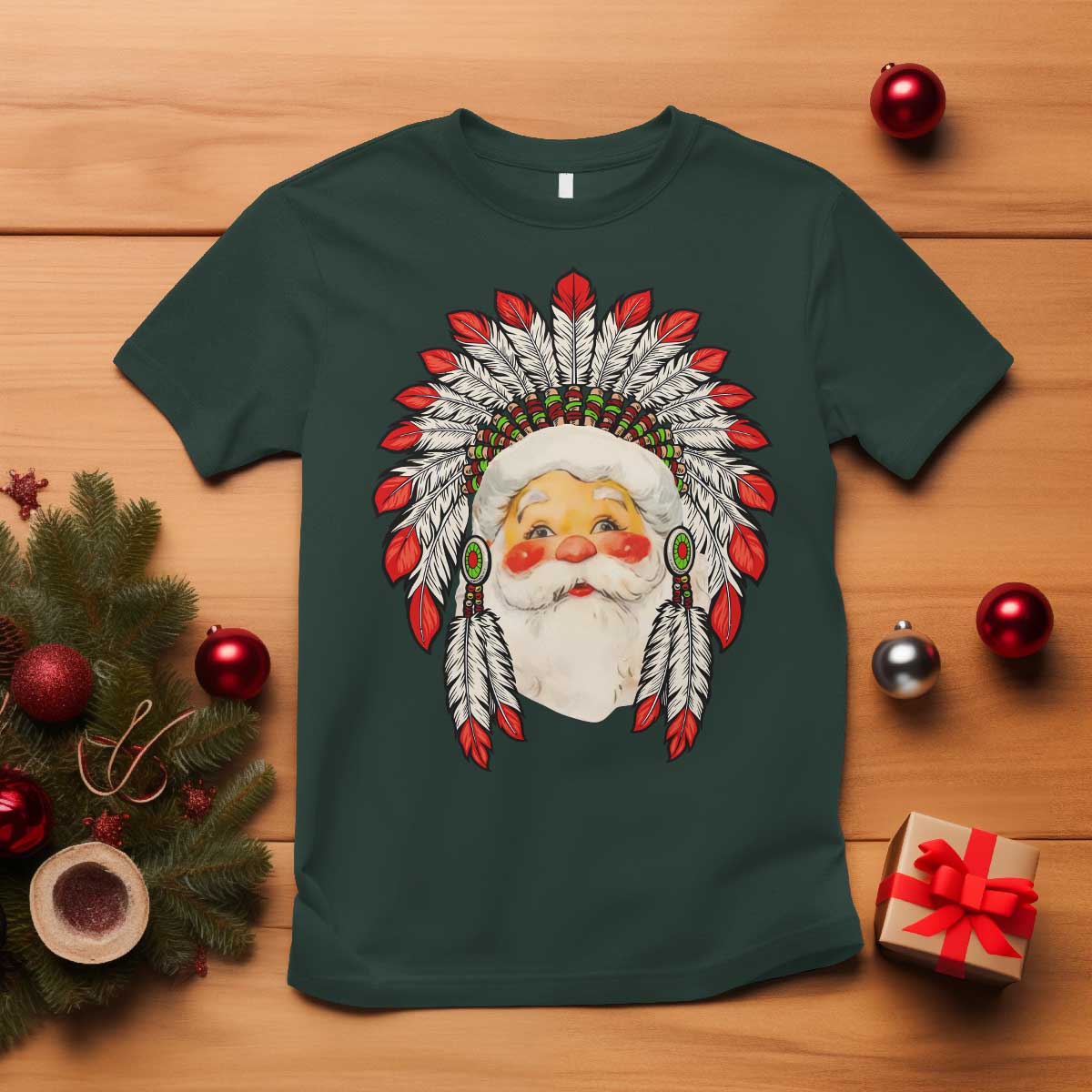 Funny Christmas Native American Indian Santa War Bonnet T Shirt TS11 Dark Forest Green Print Your Wear