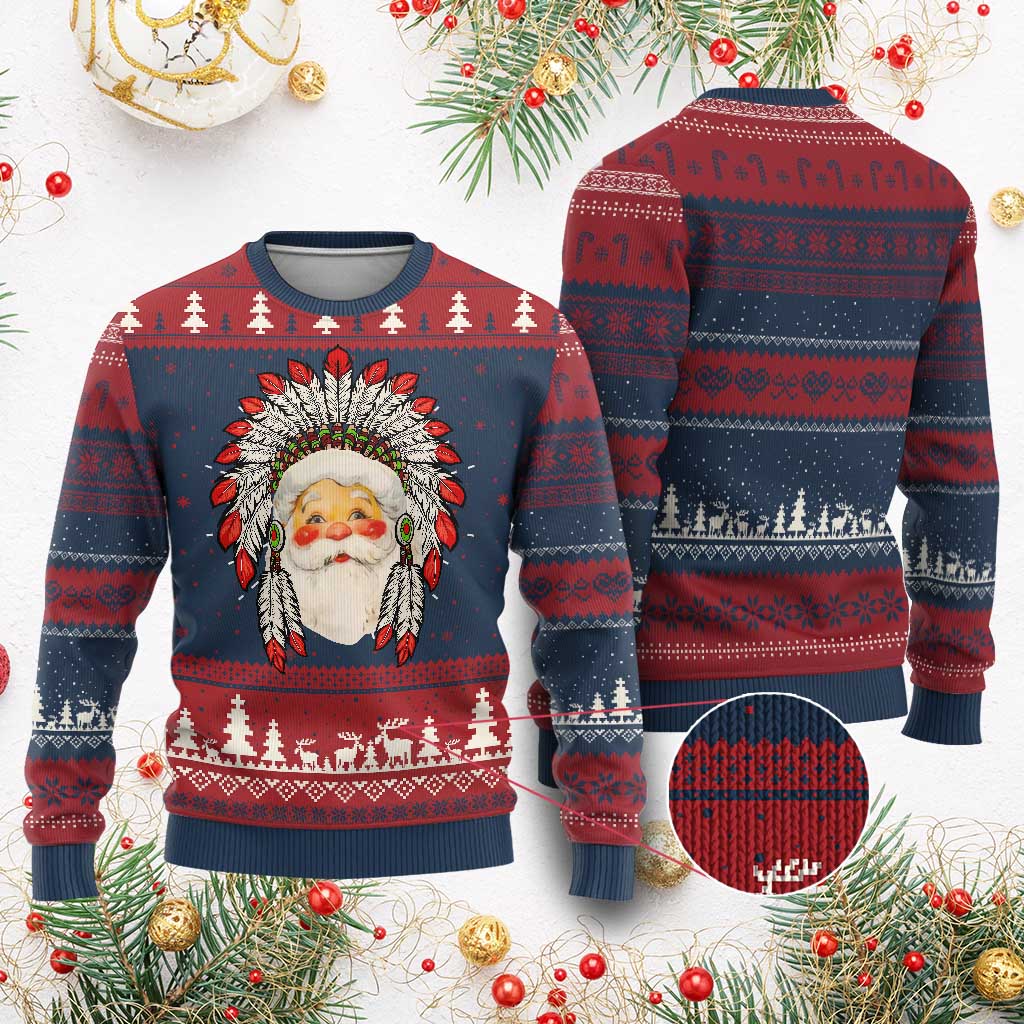 Funny Xmas Native American Indian Santa War Bonnet Ugly Christmas Sweater TS11 Burgundy Print Your Wear