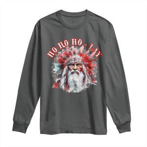 Funny Christmas Native American Long Sleeve Shirt Ho Ho Lay War Bonnet Santa Indian Tribes TS11 Dark Heather Print Your Wear