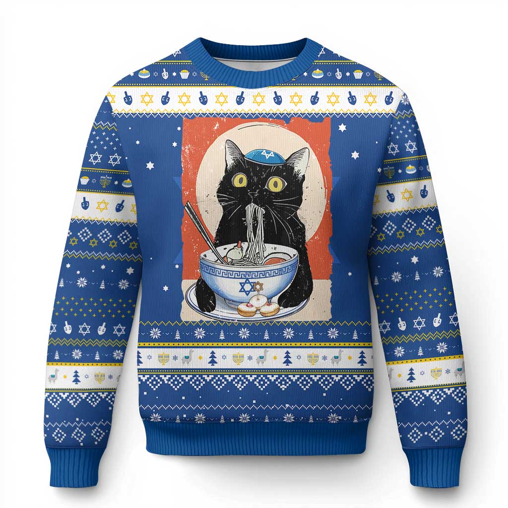 Funny Chanukah Black Cat Eating Noodle Hanukkah Ugly Sweater TS11 Blue White Print Your Wear