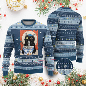 Funny Chanukah Black Cat Eating Noodle Hanukkah Ugly Sweater TS11 Navy Light Blue Print Your Wear
