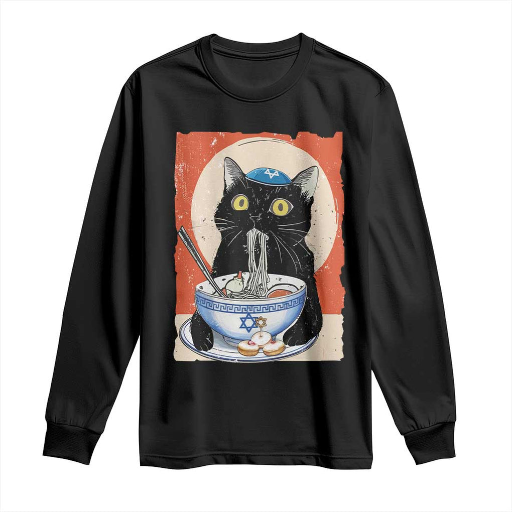 Funny Hanukkah Black Cat Eating Noodle Long Sleeve Shirt TS11 Black Print Your Wear