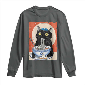 Funny Hanukkah Black Cat Eating Noodle Long Sleeve Shirt TS11 Dark Heather Print Your Wear