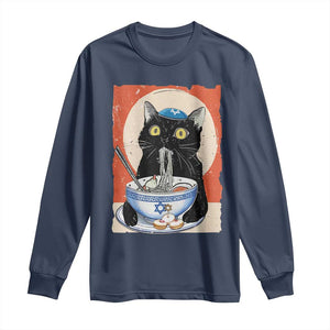 Funny Hanukkah Black Cat Eating Noodle Long Sleeve Shirt TS11 Navy Print Your Wear