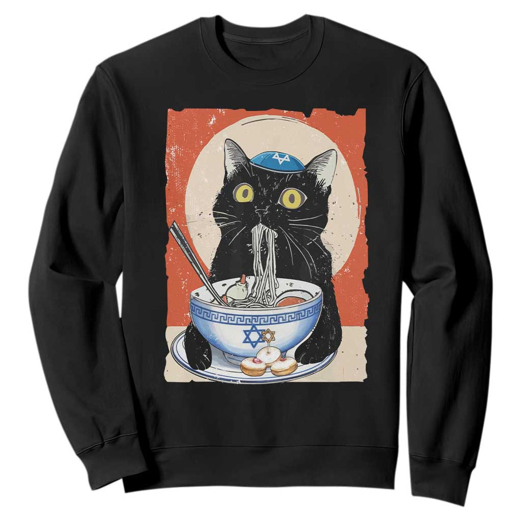 Funny Hanukkah Black Cat Eating Noodle Sweatshirt TS11 Black Print Your Wear
