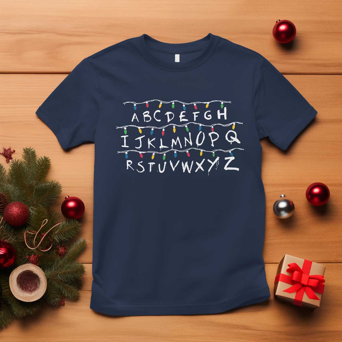 Funny Stranger Christmas T Shirt Alphabet Xmas Lights Movie TS11 Navy Print Your Wear