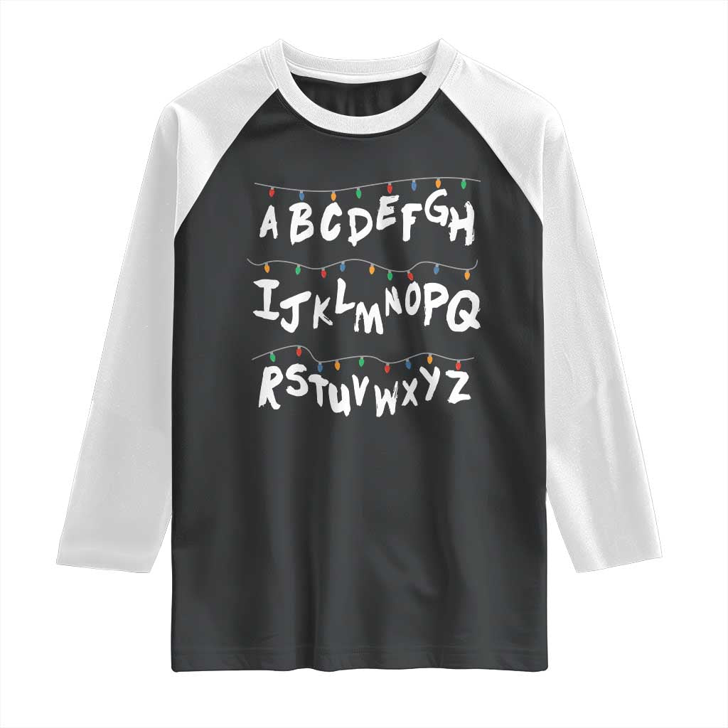 Funny Stranger Christmas Raglan Shirt Alphabet Xmas Lights TS11 Black White Print Your Wear