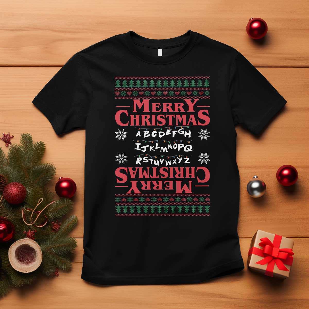 Funny Stranger Xmas T Shirt Merry Christmas Alphabet Neon Lights Movie TS11 Black Print Your Wear
