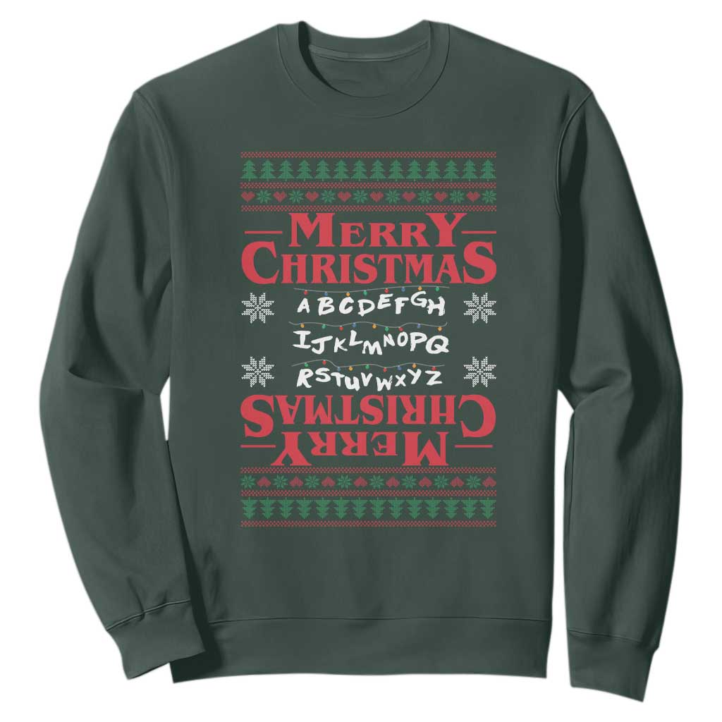 Funny Stranger Xmas Sweatshirt Merry Christmas Alphabet Neon Lights Movie TS11 Dark Forest Green Print Your Wear