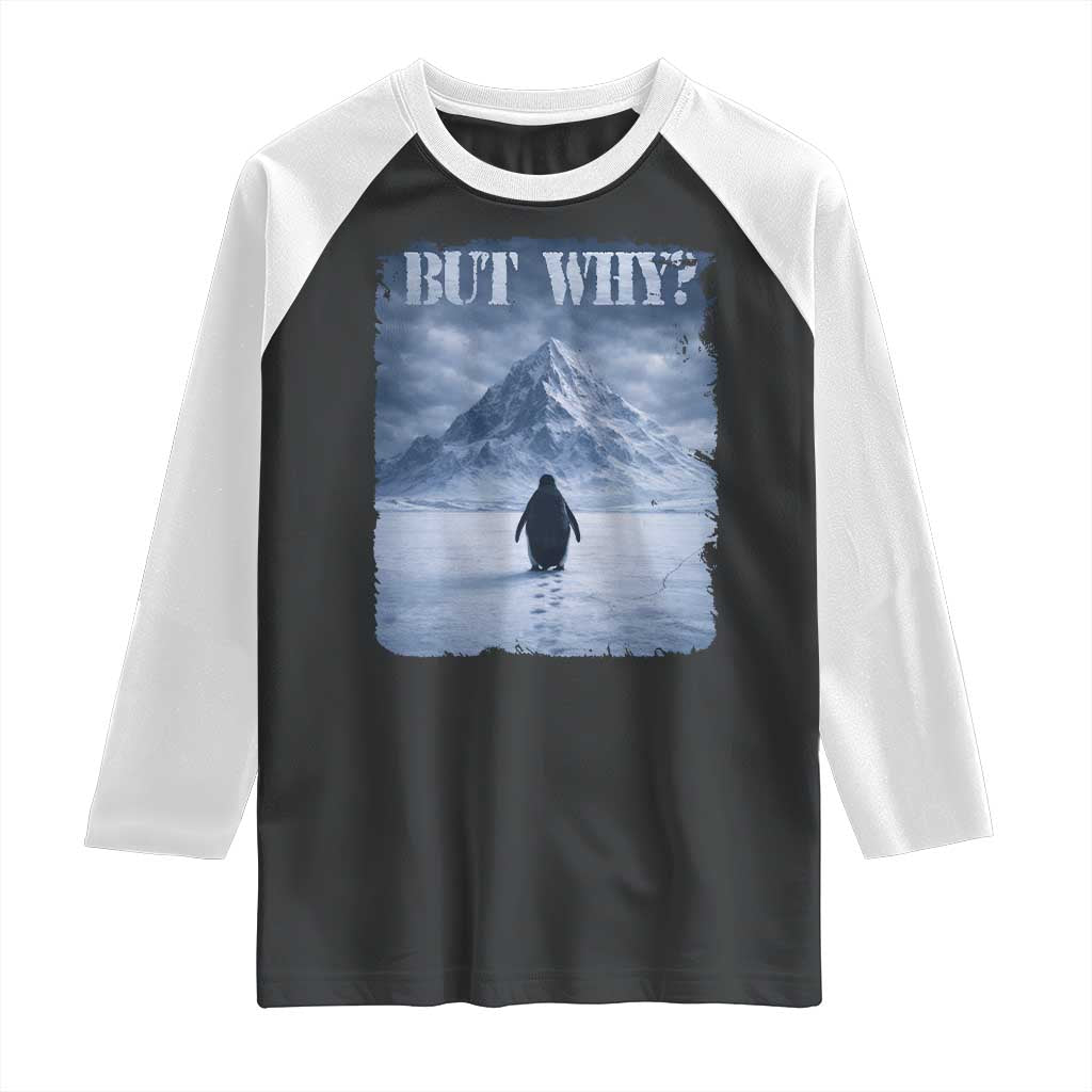 Nihilist Penguin But Why Raglan Shirt Snow Mountains Motivational Penguin Meme TS11 Black White Print Your Wear