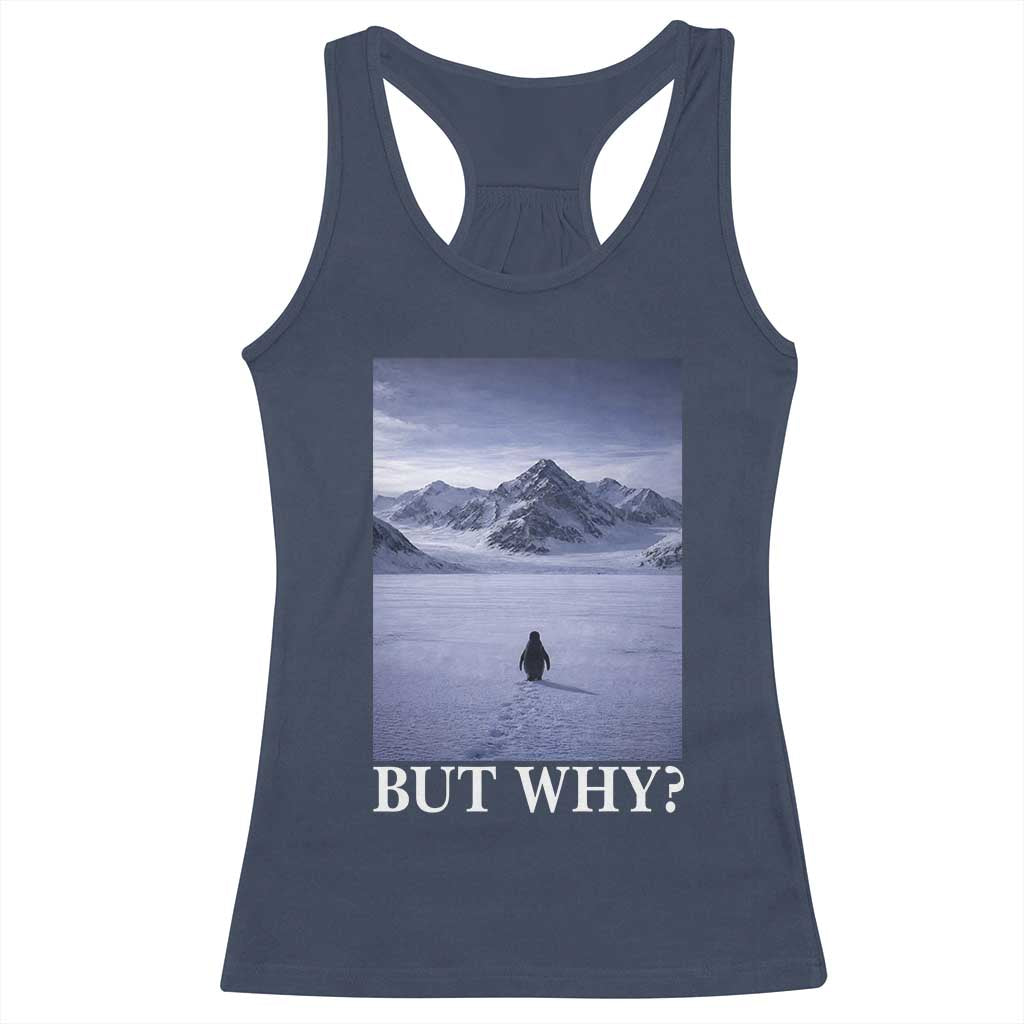 Nihilist Penguin But Why Racerback Tank Top Lone Penguin Walking Toward Mountain Meme TS11 Navy Print Your Wear