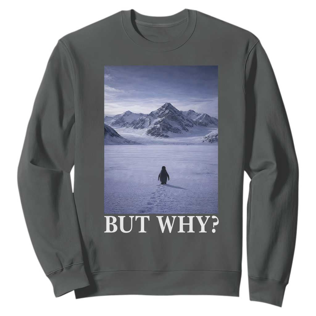 Nihilist Penguin But Why Sweatshirt Lone Penguin Walking Toward Mountain Meme TS11 Dark Heather Print Your Wear