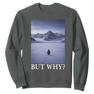 Nihilist Penguin But Why Sweatshirt Lone Penguin Walking Toward Mountain Meme TS11 Dark Heather Print Your Wear