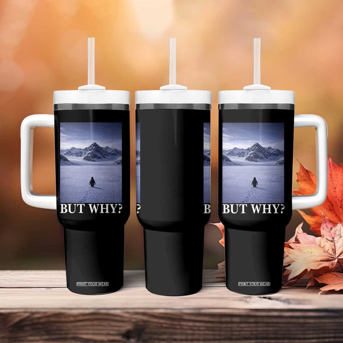 Nihilist Penguin But Why Tumbler With Handle Lone Penguin Walking Toward Mountain Meme TS11 Print Your Wear