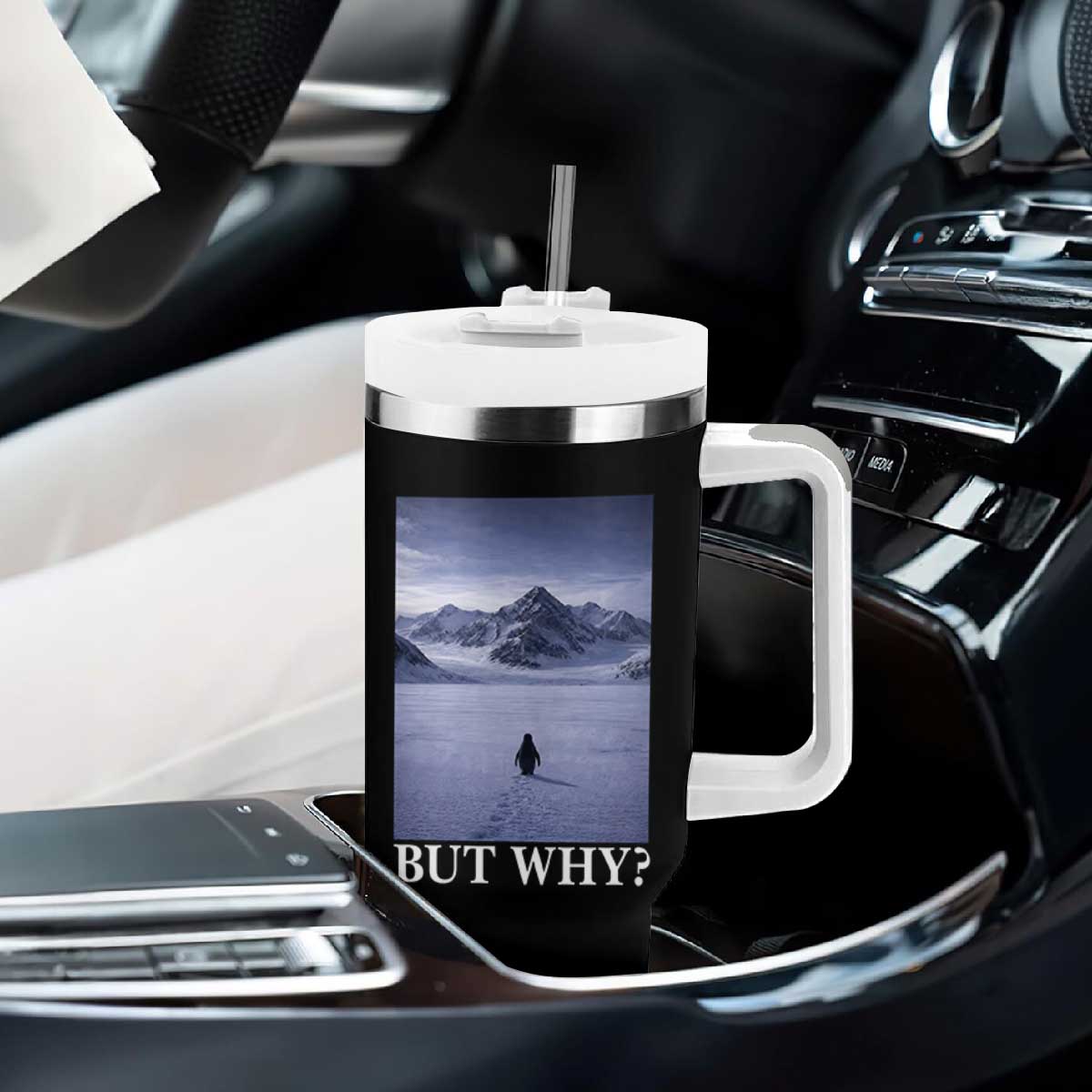 Nihilist Penguin But Why Tumbler With Handle Lone Penguin Walking Toward Mountain Meme TS11 Print Your Wear