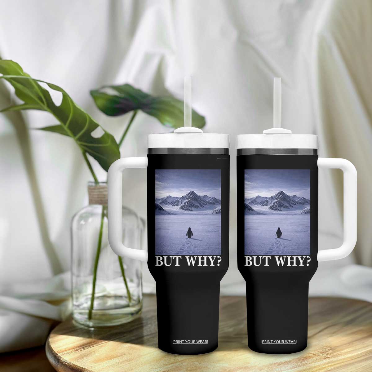 Nihilist Penguin But Why Tumbler With Handle Lone Penguin Walking Toward Mountain Meme TS11 Print Your Wear