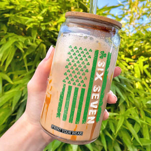 Six Seven 67 St Patricks Day Shamrock Vintage American Flag Glass Can TS11 Black Print Your Wear