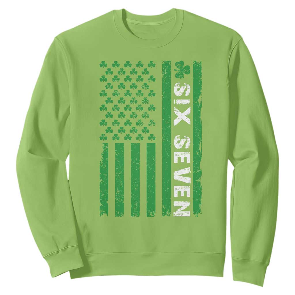 Six Seven 67 St Patricks Day Shamrock Vintage American Flag Sweatshirt TS11 Lime Print Your Wear