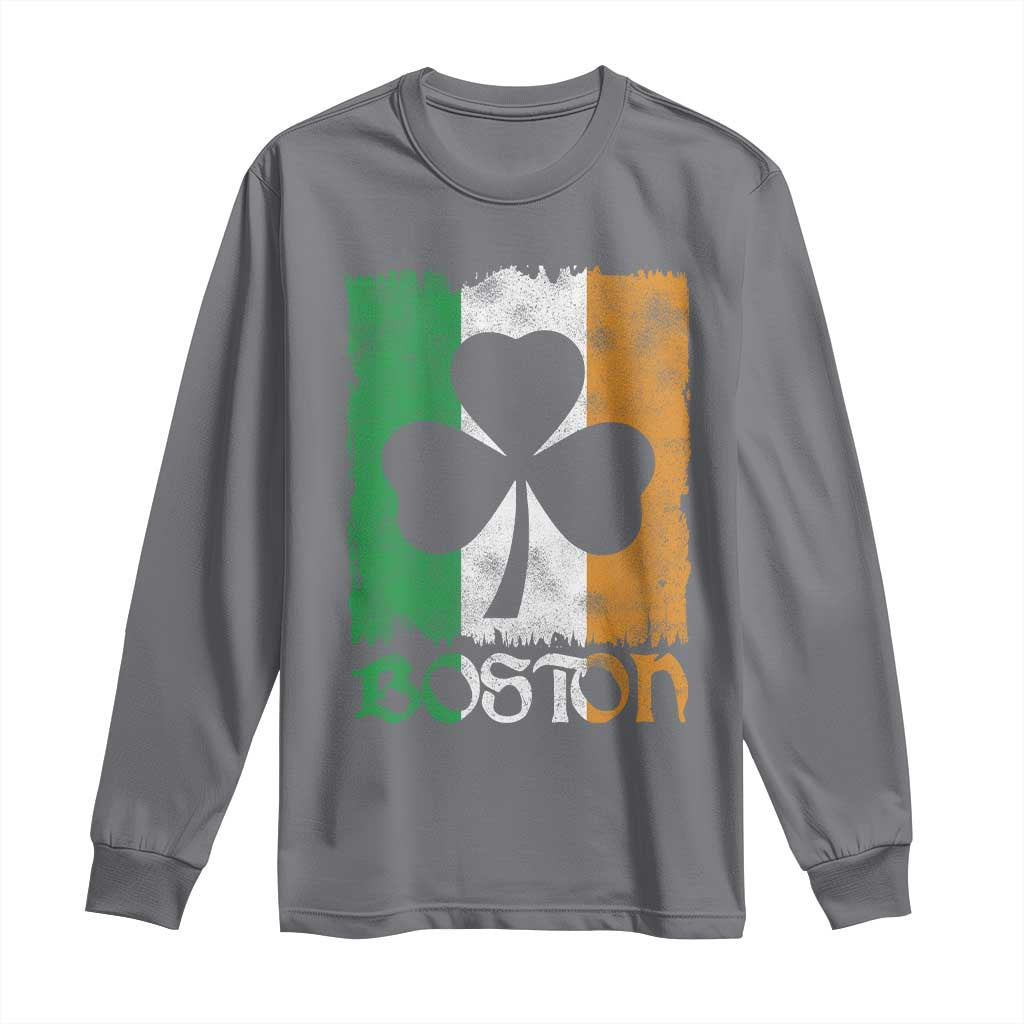 Boston St Patricks Day Long Sleeve Shirt Distressed Shamrock Vintage Irish Flag TS11 Charcoal Print Your Wear