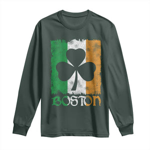Boston St Patricks Day Long Sleeve Shirt Distressed Shamrock Vintage Irish Flag TS11 Dark Forest Green Print Your Wear