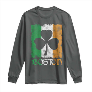 Boston St Patricks Day Long Sleeve Shirt Distressed Shamrock Vintage Irish Flag TS11 Dark Heather Print Your Wear