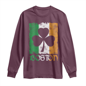 Boston St Patricks Day Long Sleeve Shirt Distressed Shamrock Vintage Irish Flag TS11 Maroon Print Your Wear