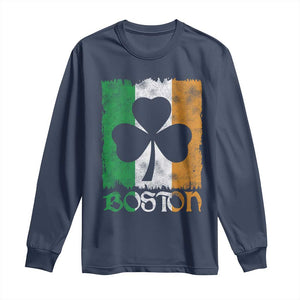 Boston St Patricks Day Long Sleeve Shirt Distressed Shamrock Vintage Irish Flag TS11 Navy Print Your Wear