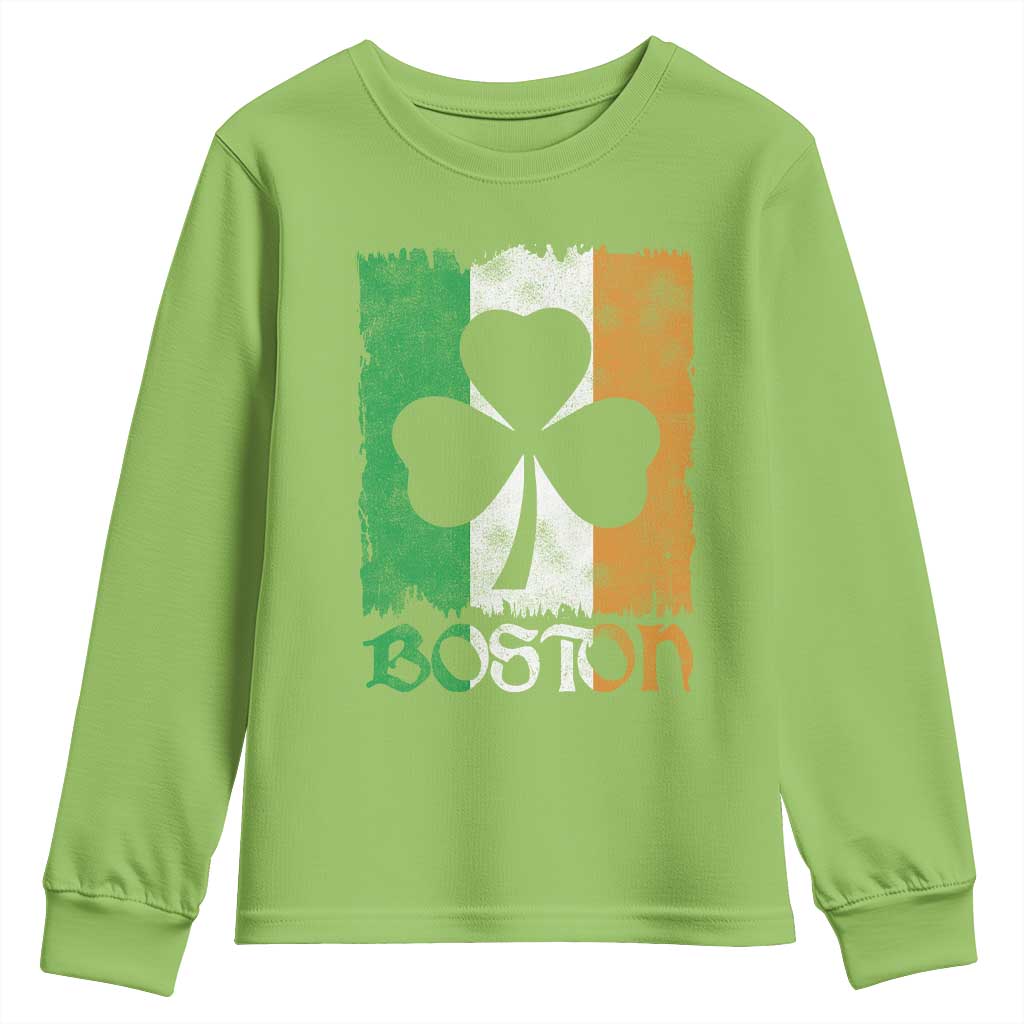 Boston St Patricks Day Youth Sweatshirt Distressed Shamrock Vintage Irish Flag TS11 Lime Print Your Wear