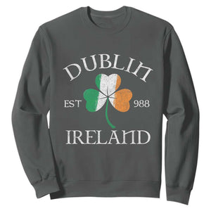 Dublin Ireland Est 988 Sweatshirt - St Patricks Day Shamrock Leaf TS11 Dark Heather Print Your Wear