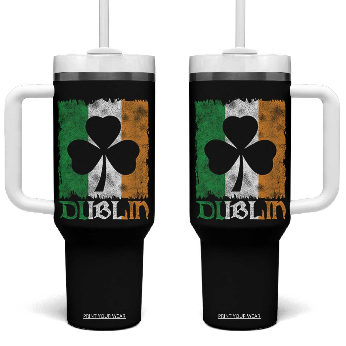 Dublin Ireland St Patricks Day Tumbler With Handle Distressed Shamrock Vintage Irish Flag TS11 One Size: 40 oz Black Print Your Wear
