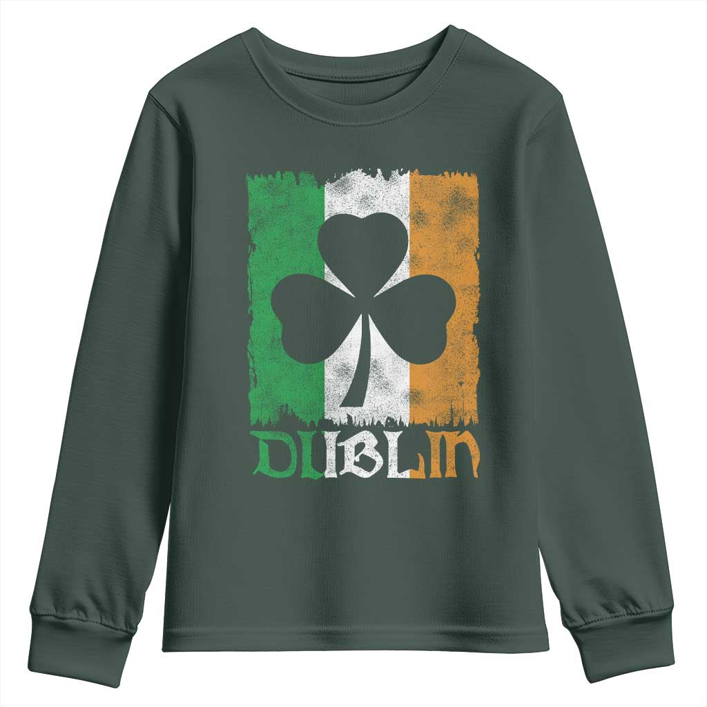 Dublin Ireland St Patricks Day Youth Sweatshirt Distressed Shamrock Vintage Irish Flag TS11 Dark Forest Green Print Your Wear