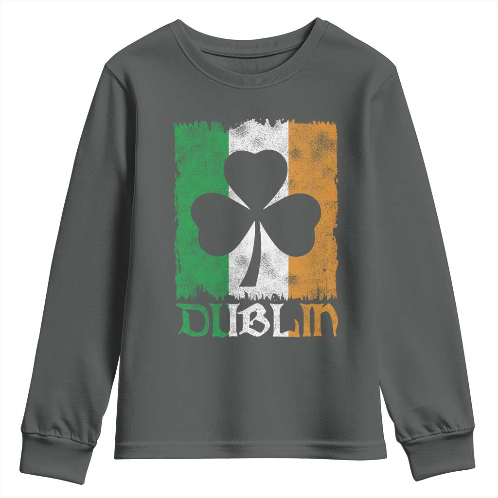 Dublin Ireland St Patricks Day Youth Sweatshirt Distressed Shamrock Vintage Irish Flag TS11 Dark Heather Print Your Wear