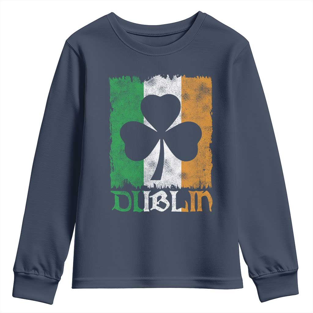 Dublin Ireland St Patricks Day Youth Sweatshirt Distressed Shamrock Vintage Irish Flag TS11 Navy Print Your Wear
