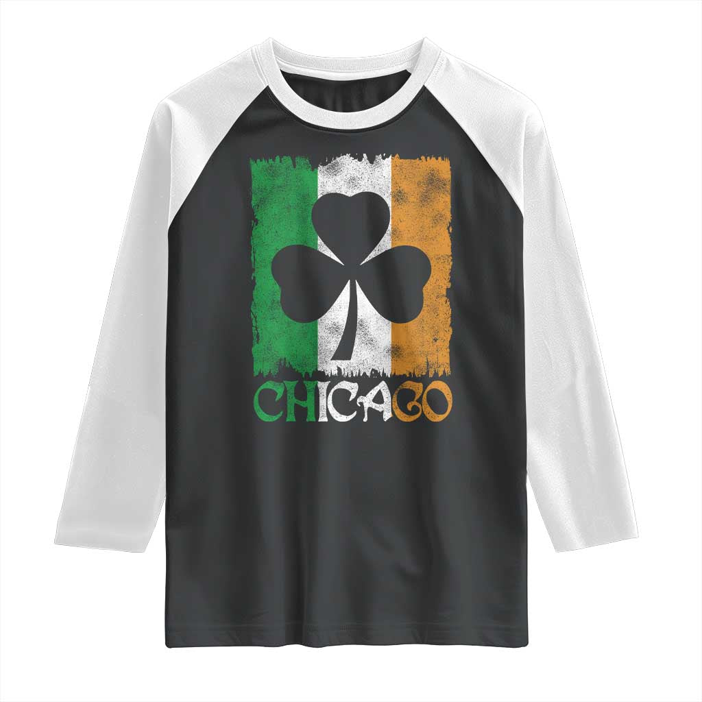 Chicago IL St Patricks Day Raglan Shirt Distressed Shamrock Vintage Irish Flag TS11 Black White Print Your Wear