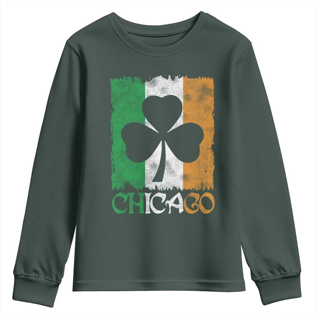 Chicago IL St Patricks Day Youth Sweatshirt Distressed Shamrock Vintage Irish Flag TS11 Dark Forest Green Print Your Wear