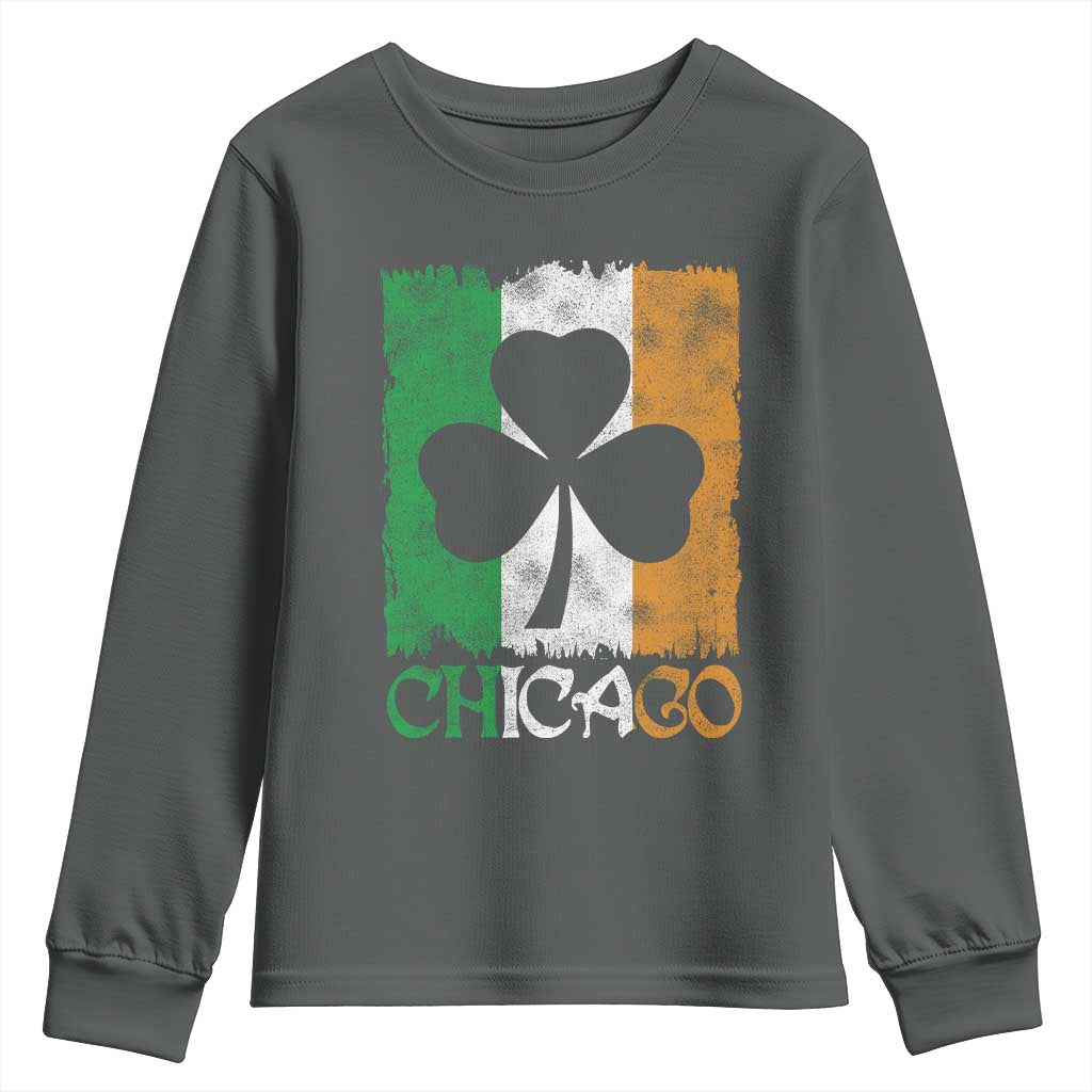 Chicago IL St Patricks Day Youth Sweatshirt Distressed Shamrock Vintage Irish Flag TS11 Dark Heather Print Your Wear