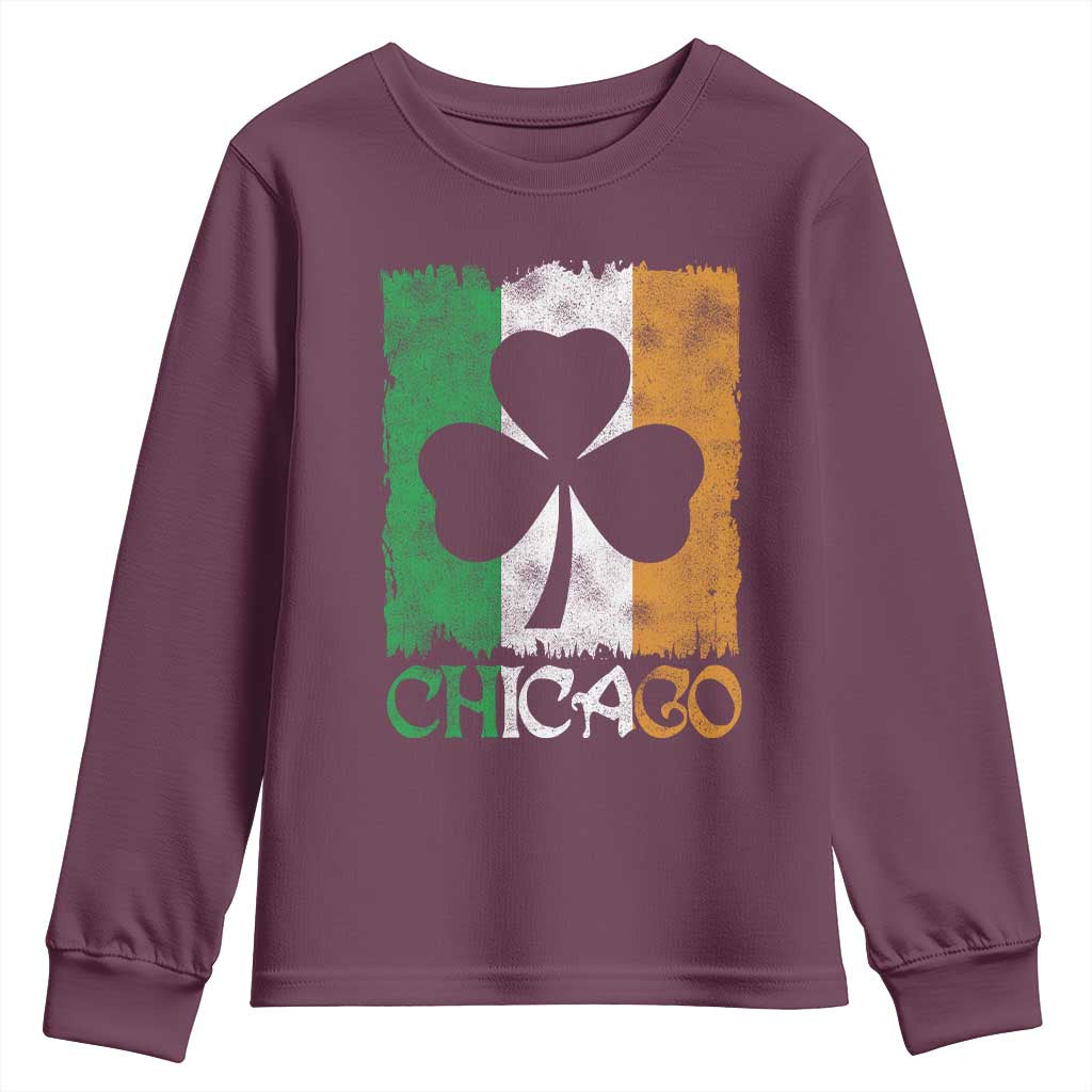 Chicago IL St Patricks Day Youth Sweatshirt Distressed Shamrock Vintage Irish Flag TS11 Maroon Print Your Wear