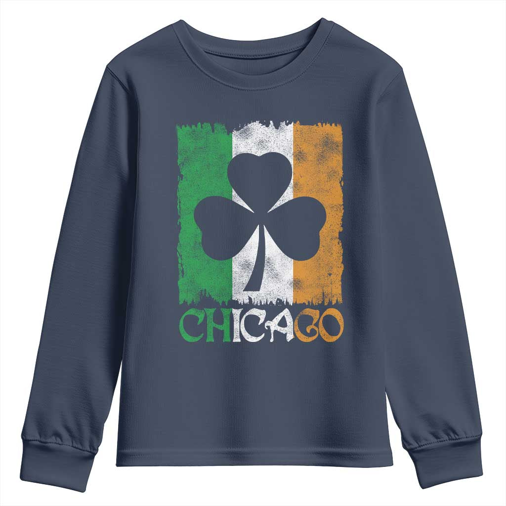Chicago IL St Patricks Day Youth Sweatshirt Distressed Shamrock Vintage Irish Flag TS11 Navy Print Your Wear