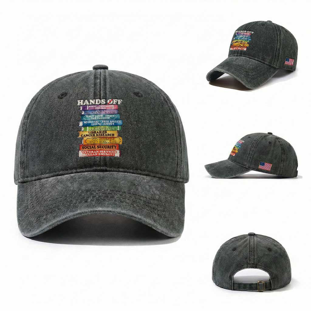 Hands Off Washed Cotton Baseball Cap Social Security And Medicare Protest Colorful Books TS11 Washed Cap Universal Fit Dark Green Print Your Wear