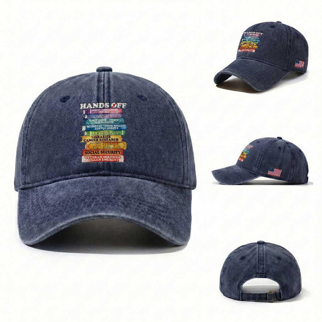 Hands Off Washed Cotton Baseball Cap Social Security And Medicare Protest Colorful Books TS11 Washed Cap Universal Fit Navy Print Your Wear