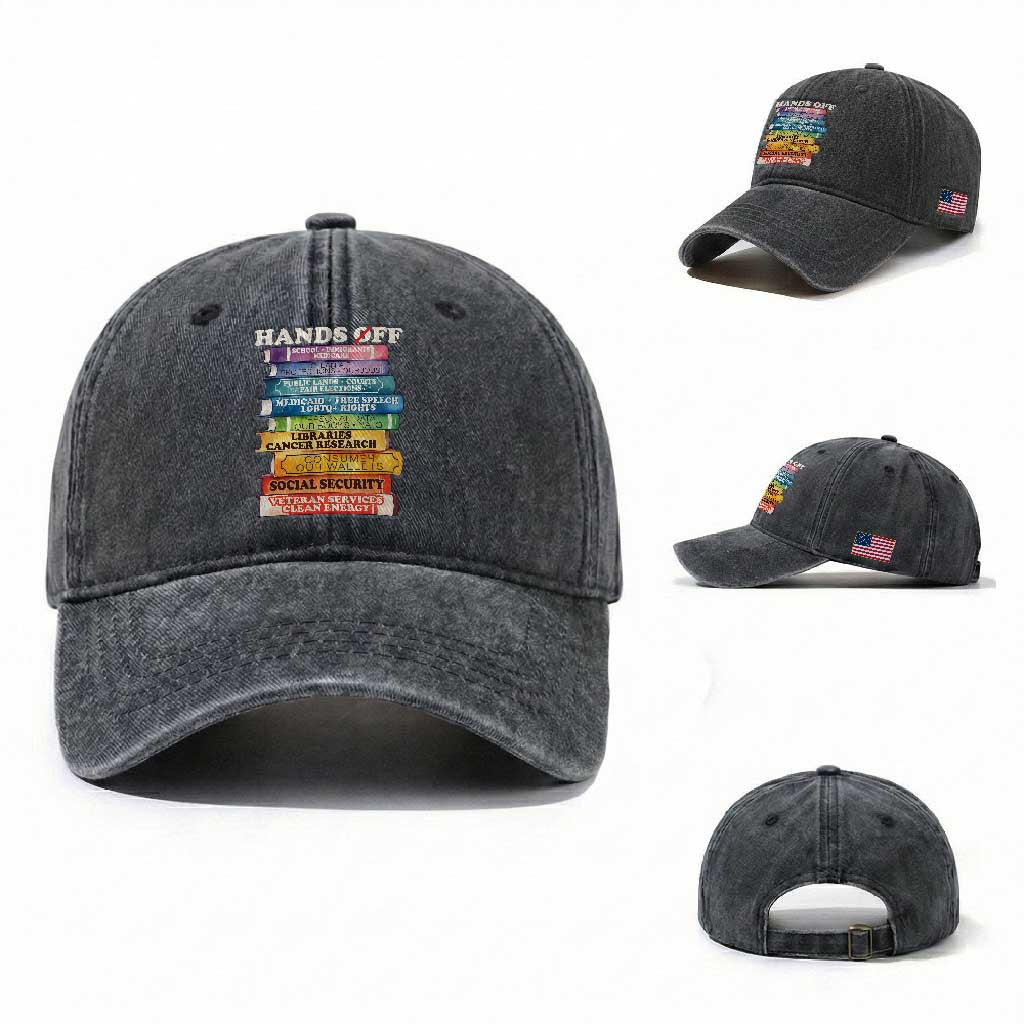 Hands Off Washed Cotton Baseball Cap Social Security And Medicare Protest Colorful Books TS11 Washed Cap Universal Fit Dark Gray Print Your Wear