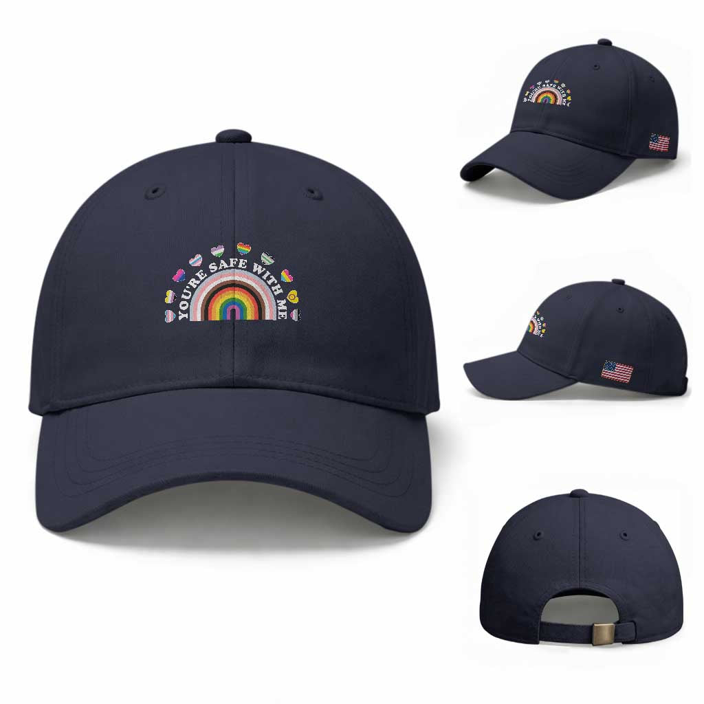 You're Safe With Me Baseball Cap LGBTQ Pride Ally Rainbow Heart TS11 Baseball Cap Universal Fit Navy Print Your Wear