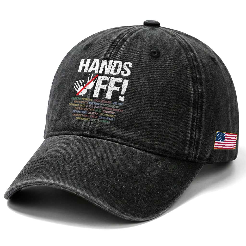 Hands Off Washed Cotton Baseball Cap Social Security And Medicare Protest Vintage Hand Print TS11 Print Your Wear