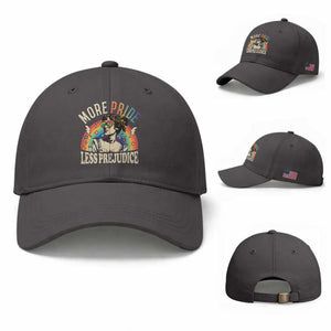 More Pride Less Prejudice Baseball Cap Pride Month LGBTQ Rainbow TS11 Baseball Cap Universal Fit Dark Gray Print Your Wear