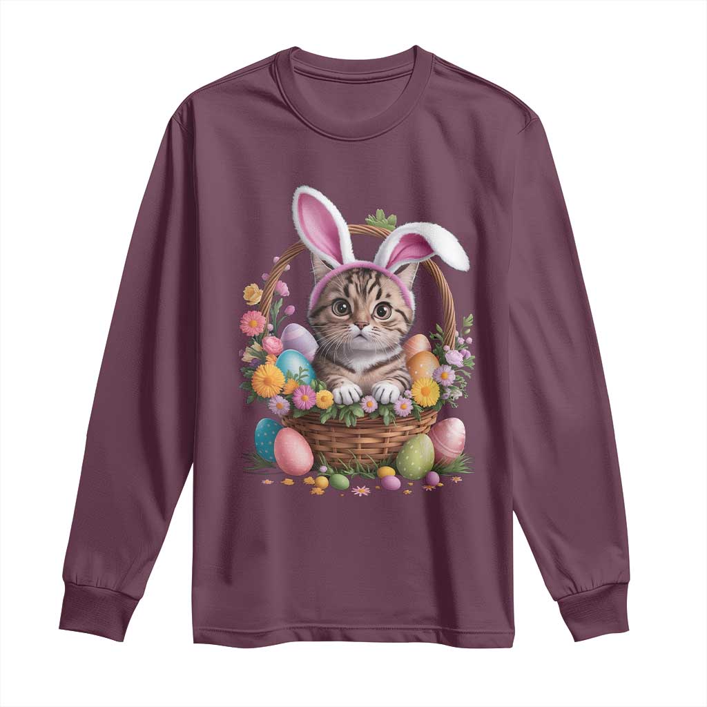 Funny Easter Day Cat Bunny Ears Egg Basket Long Sleeve Shirt TS11 Maroon Print Your Wear