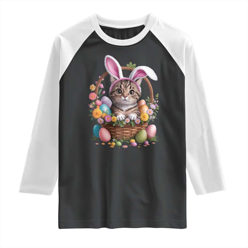 Funny Easter Day Cat Bunny Ears Egg Basket Raglan Shirt TS11 Black White Print Your Wear