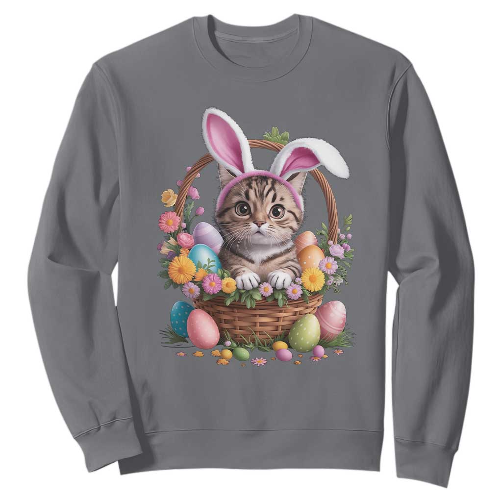 Funny Easter Day Cat Bunny Ears Egg Basket Sweatshirt TS11 Charcoal Print Your Wear