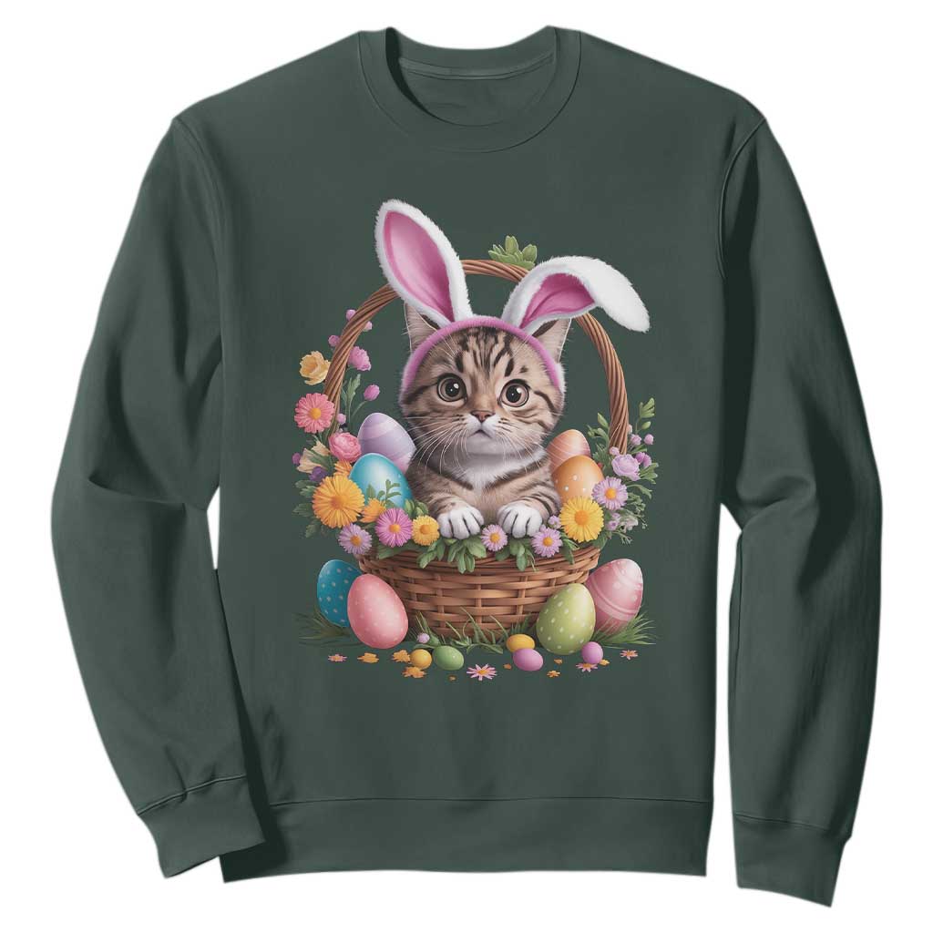 Funny Easter Day Cat Bunny Ears Egg Basket Sweatshirt TS11 Dark Forest Green Print Your Wear