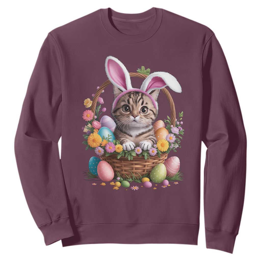 Funny Easter Day Cat Bunny Ears Egg Basket Sweatshirt TS11 Maroon Print Your Wear